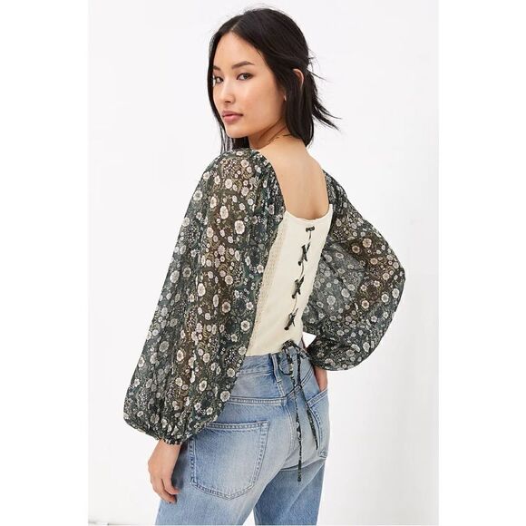 NEW Anthropologie Forever That Girl Smocked Embroidered Lace-Up Top Medium - Picture 4 of 7